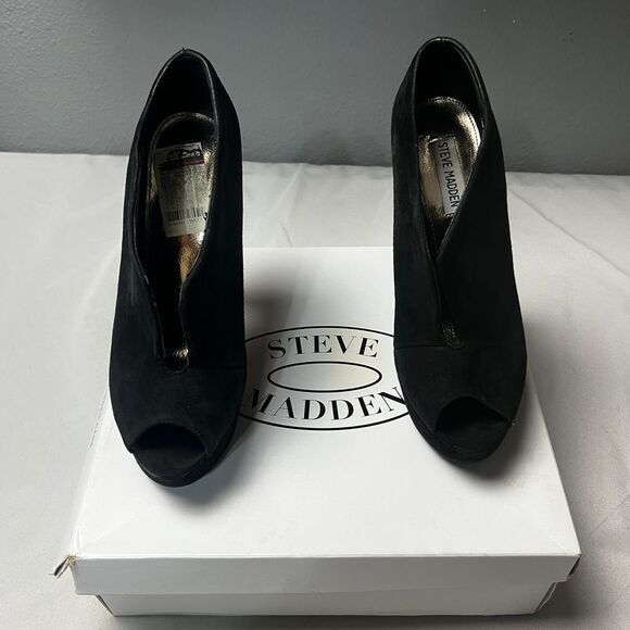 Steve Madden Stalyon Peep Toe Heels Platform‎ Booties Black Suede Classic Size 8 - Picture 1 of 16